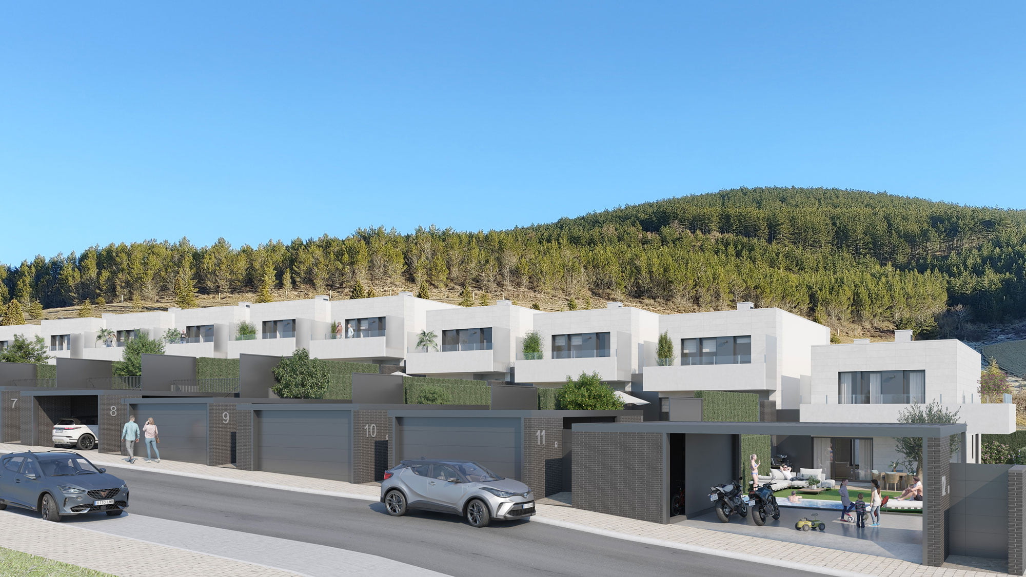 Render de la fachada a calle de las viviendas de Olloki con garajes y ladera de pinar al fondo