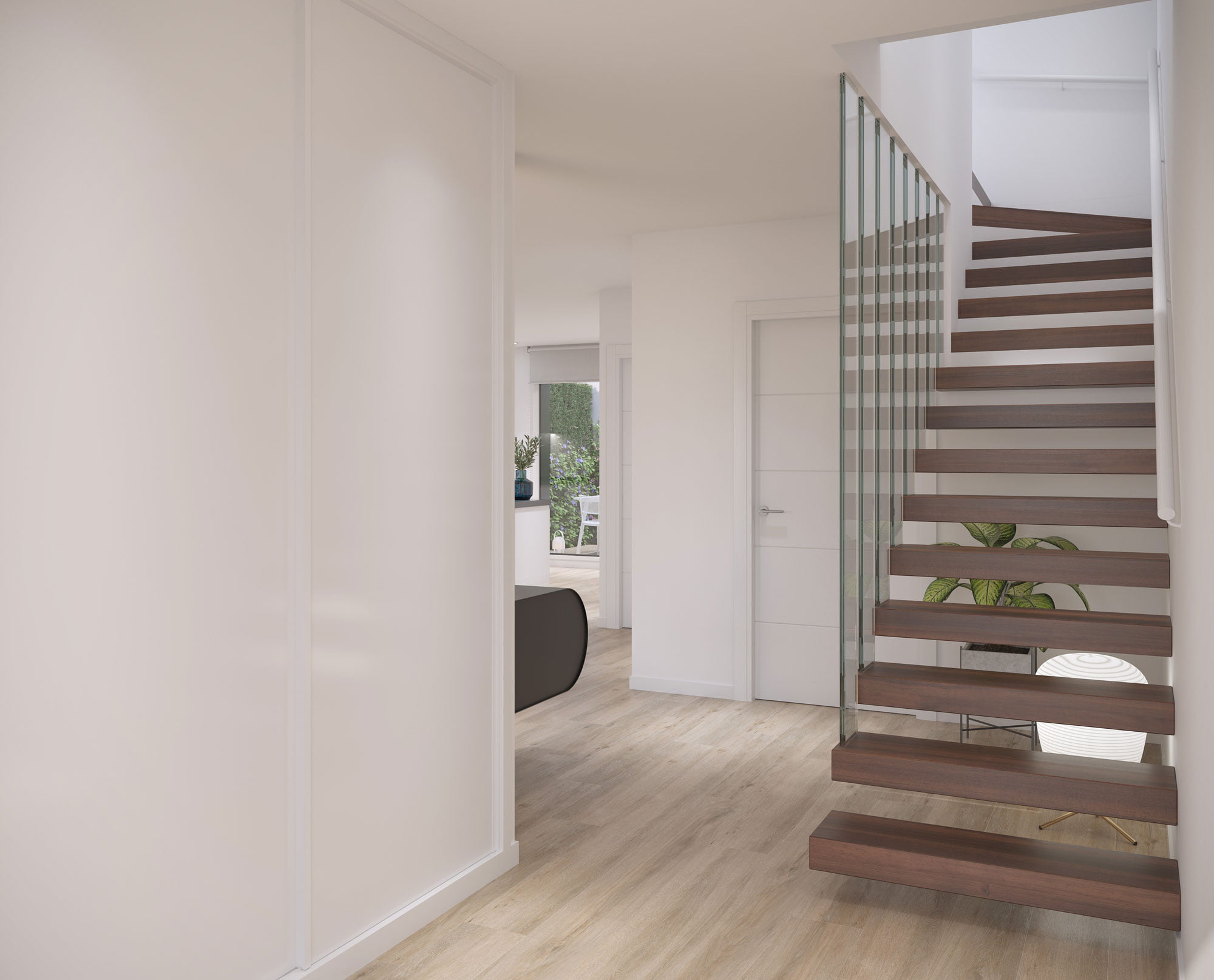 Render del recibidor de la vivienda con escalera volada de peldaños de madera y barandilla de vidrio