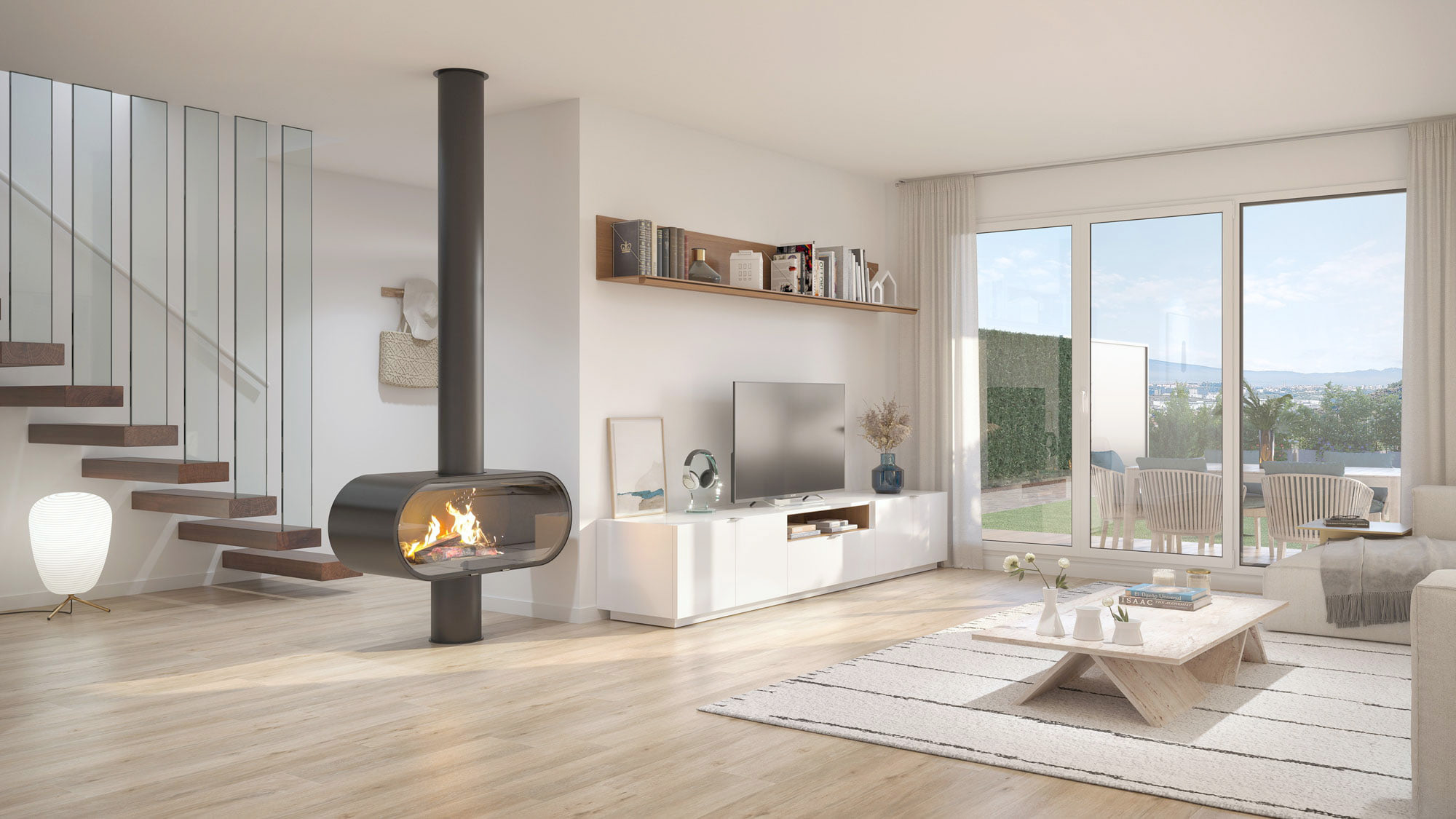 Infografía del salón con chimenea suspendida, escalera de madera y ventanal al jardín con montaña