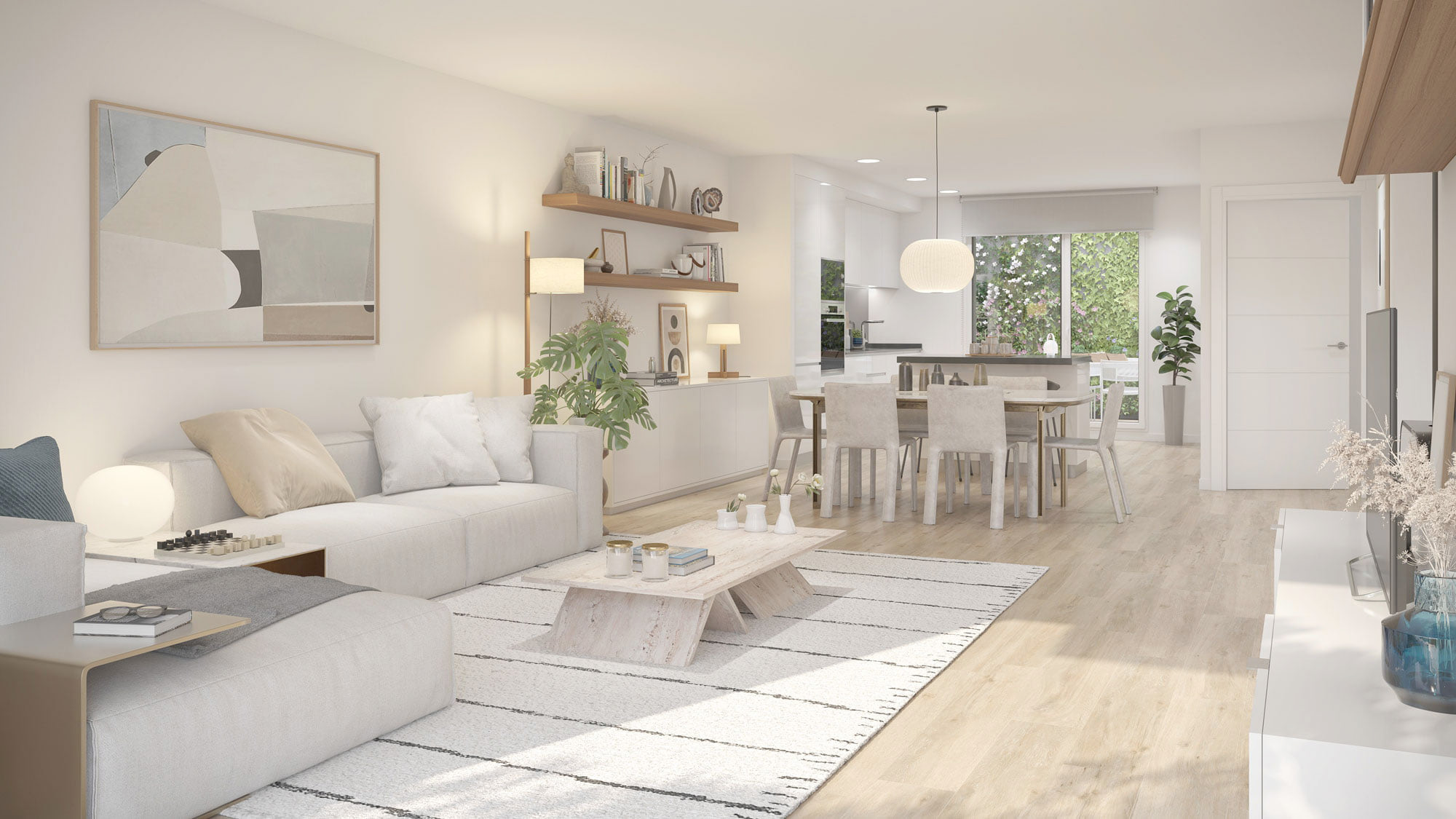 Render del salón comedor abierto con cocina blanca al fondo y salida al jardín