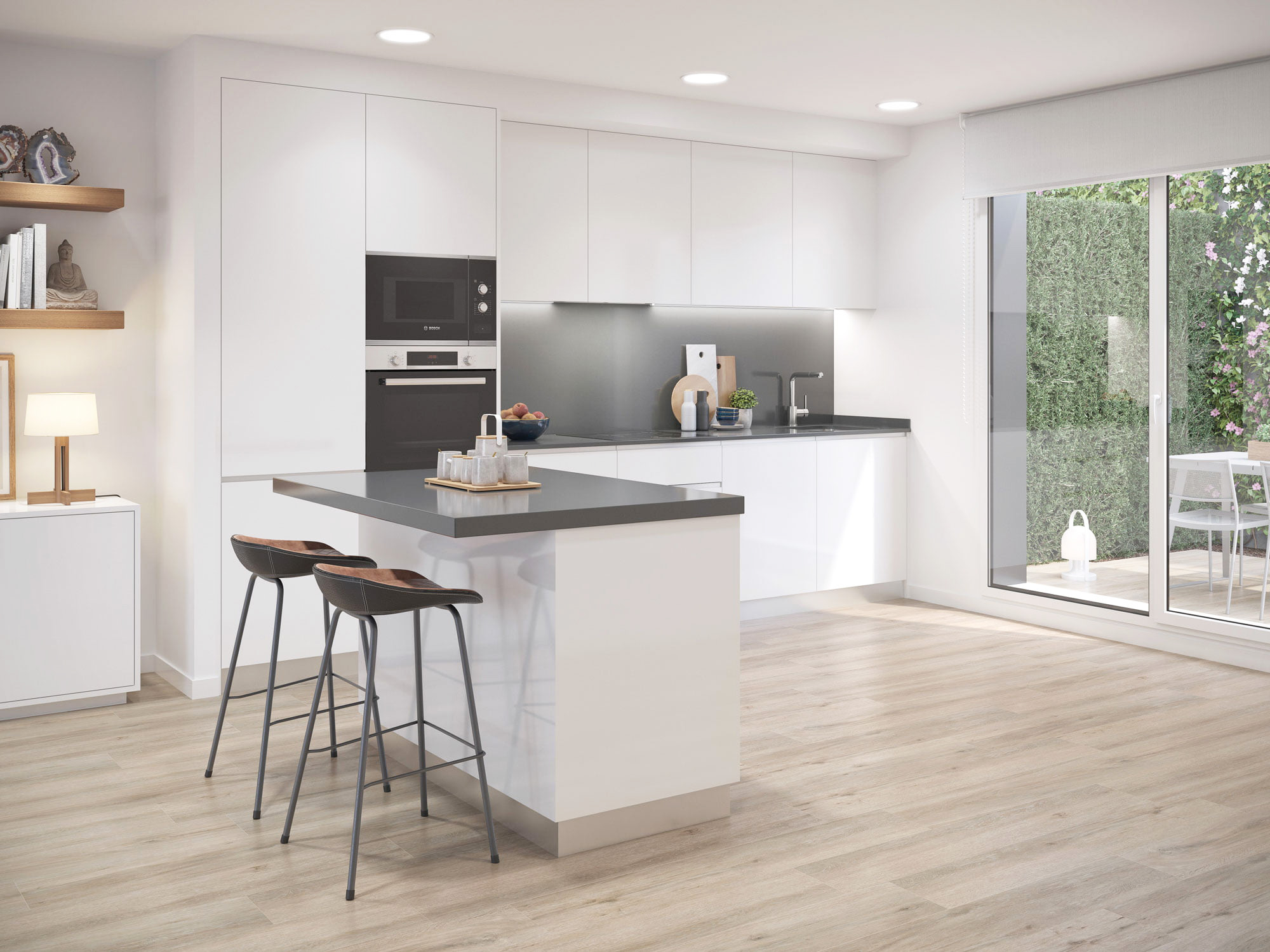 Infografía de cocina blanca en L con encimera gris, barra de desayuno y salida a la terraza