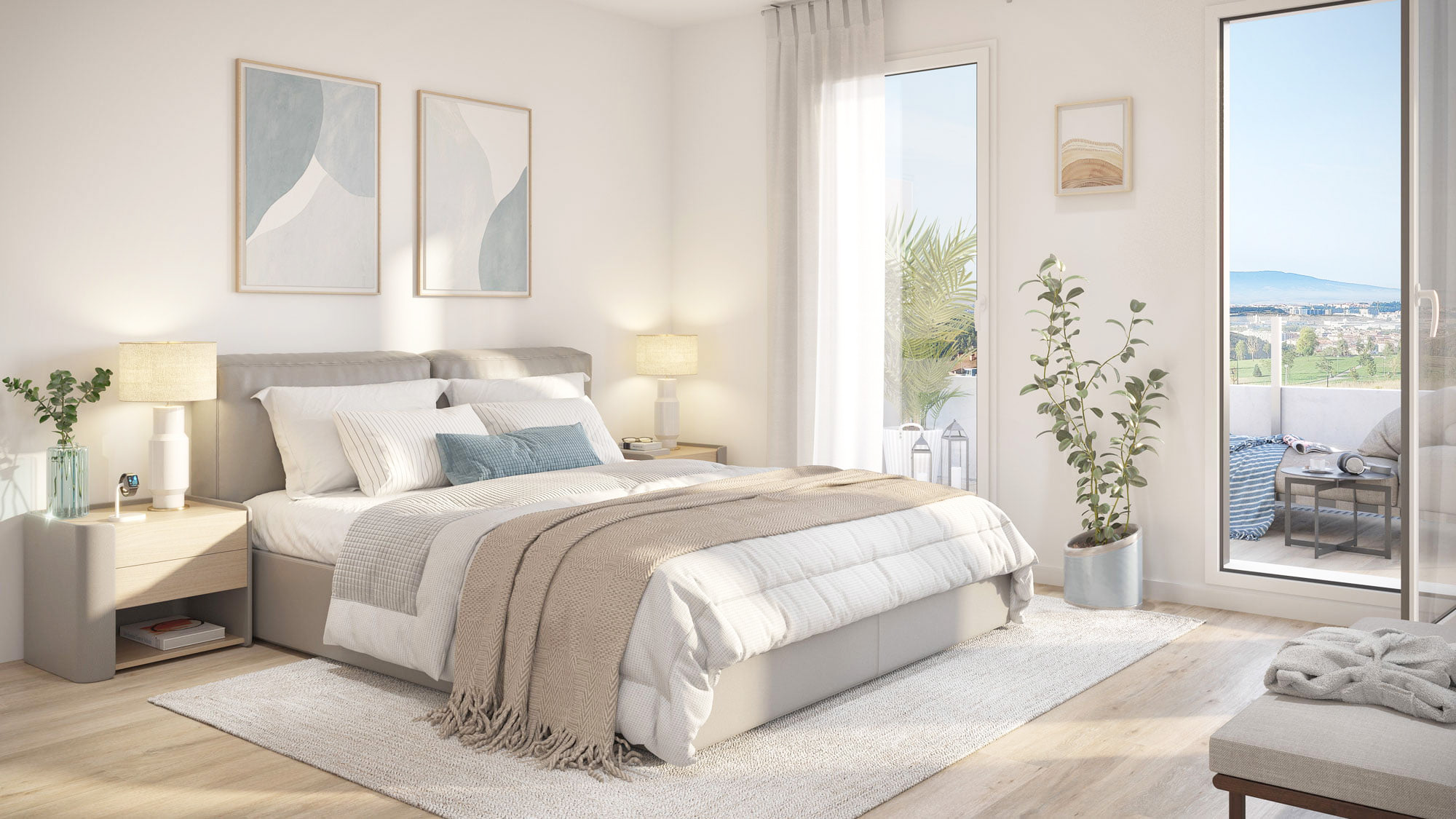 Render del dormitorio principal con salida a terraza y vistas al valle de Navarra