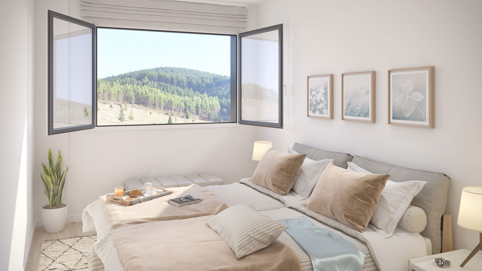 Infografía de dormitorio con ventana en esquina abierta y vistas al pinar de Olloki