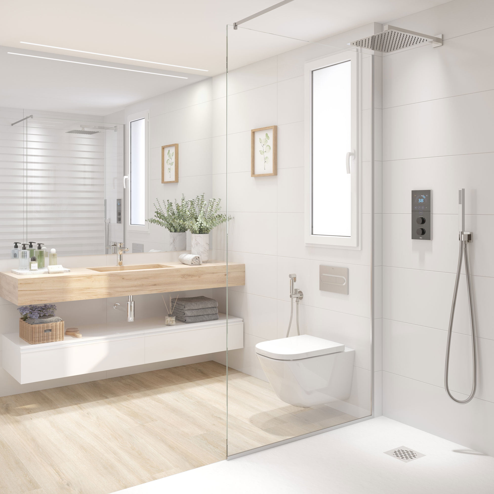Render del baño blanco con mueble de madera, doble ducha de obra e inodoro suspendido