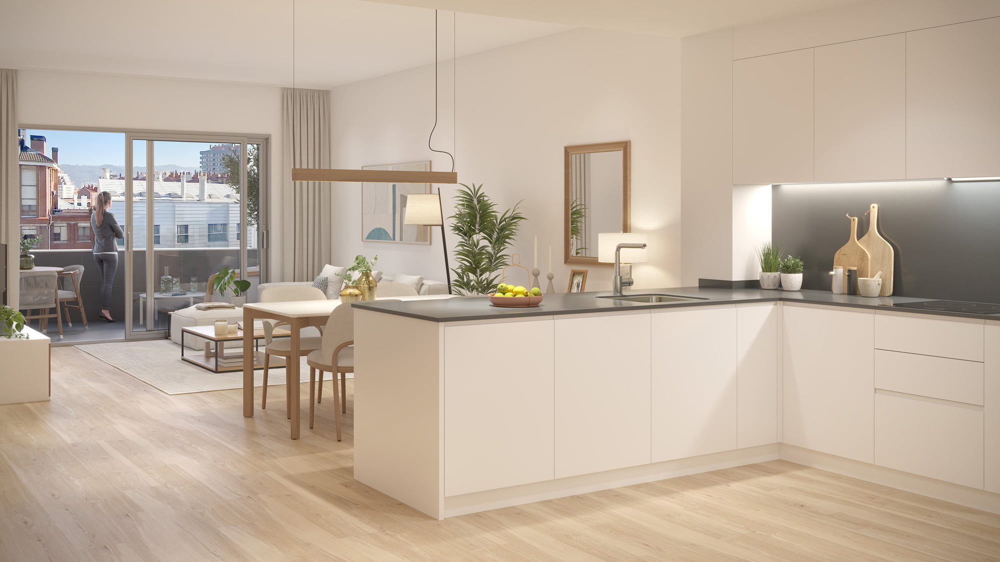 Render de cocina blanca en L con encimera gris abierta al salón comedor y salida a terraza