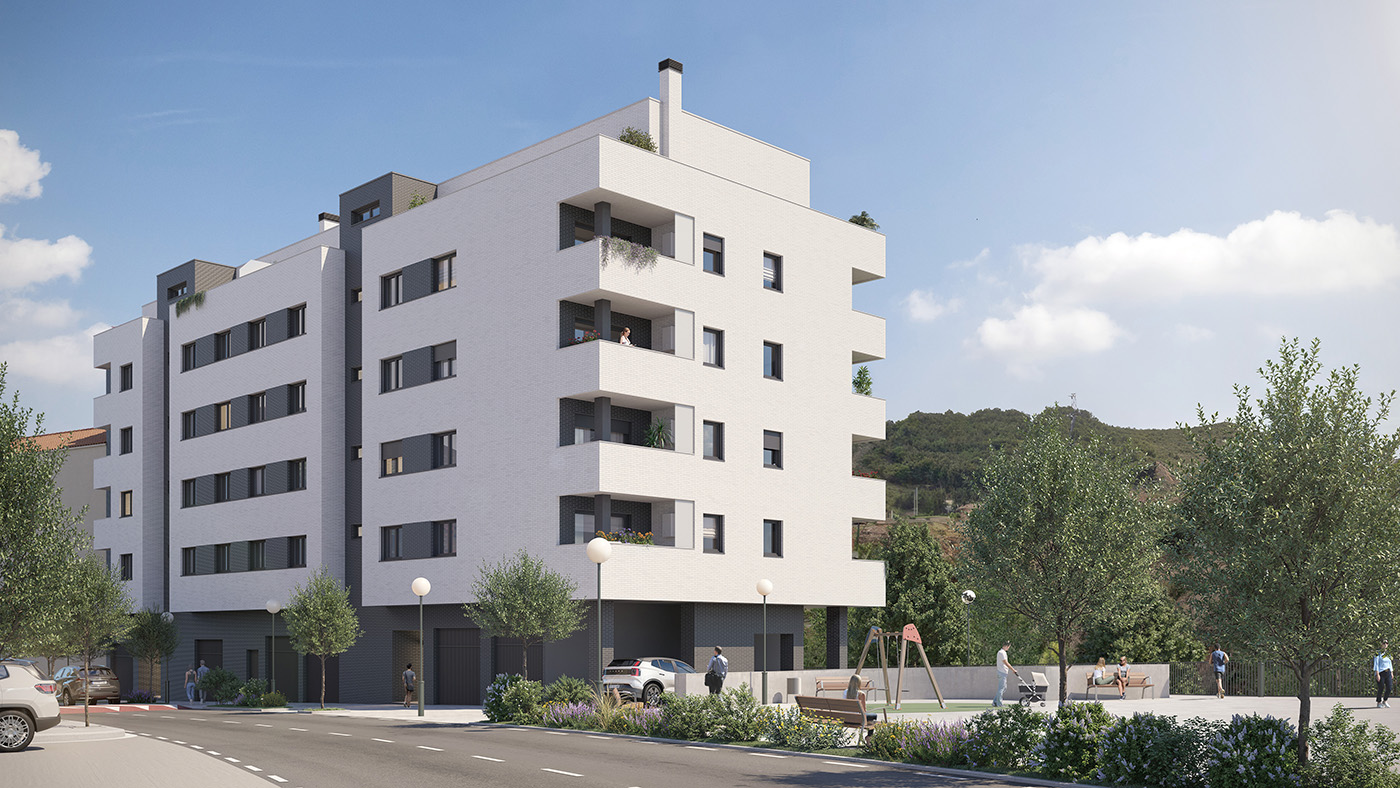 Render del edificio Mirador de Valbuena en Autol con fachada blanca, terrazas y plaza con juegos infantiles