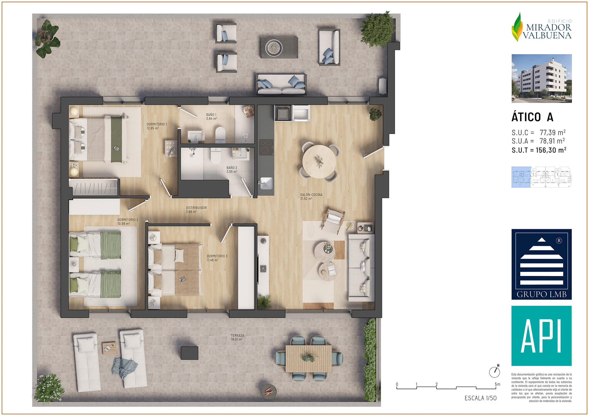 Planta 3D amueblada del ático A de Mirador de Valbuena con tres dormitorios, salón-cocina y gran terraza