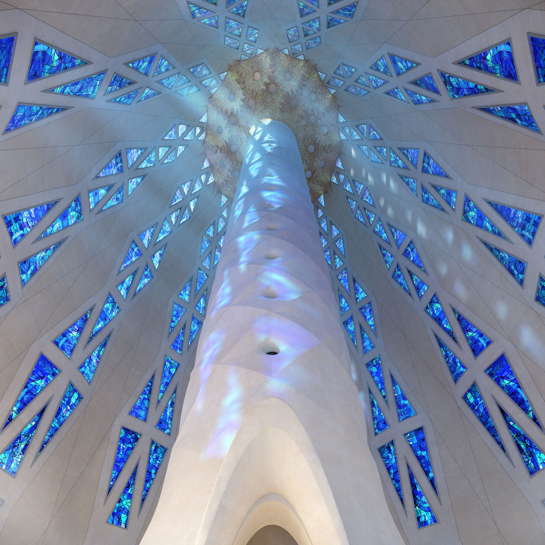 Infografía 3D del fuste central de la Torre de Jesucristo bajo la luz azul de las vidrieras