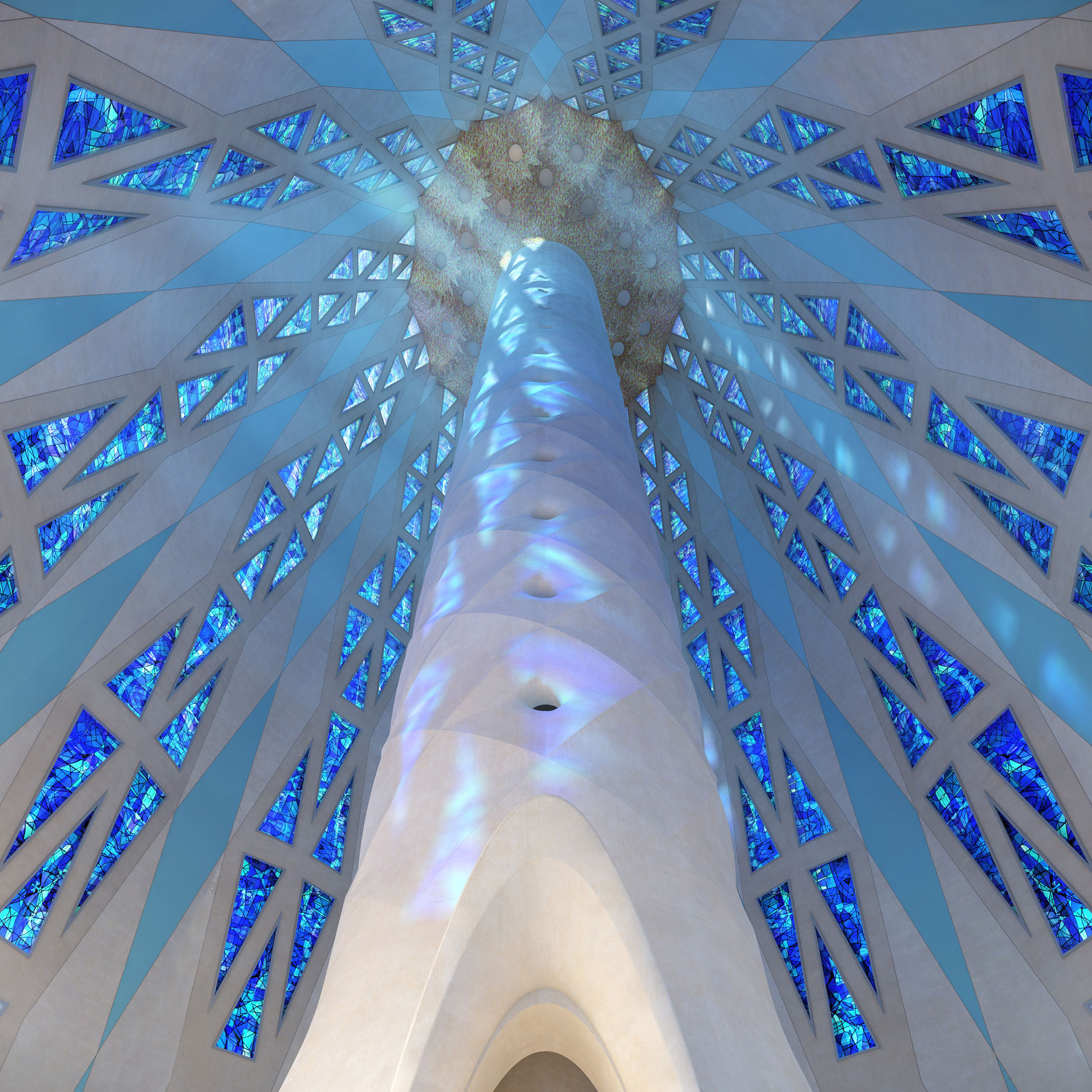 Render del interior de la Torre de Jesucristo con celosías triangulares y vidrieras azules radiales