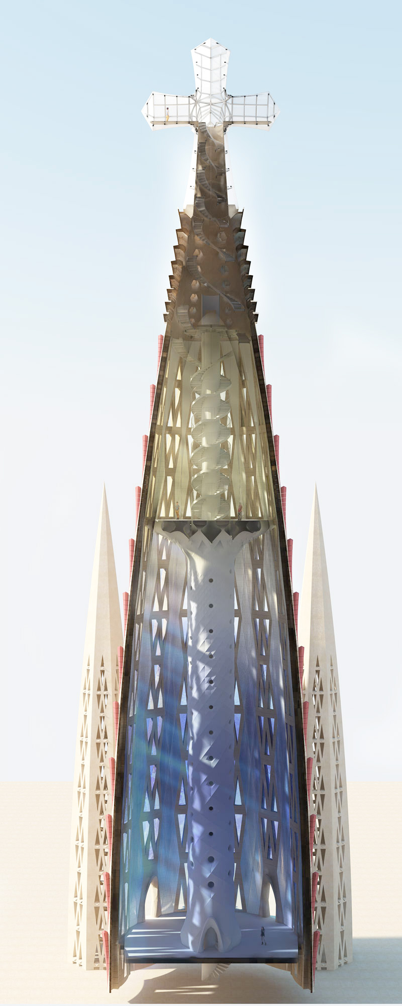 Sección vertical de la Torre de Jesucristo con la escalera helicoidal y la cruz de coronación