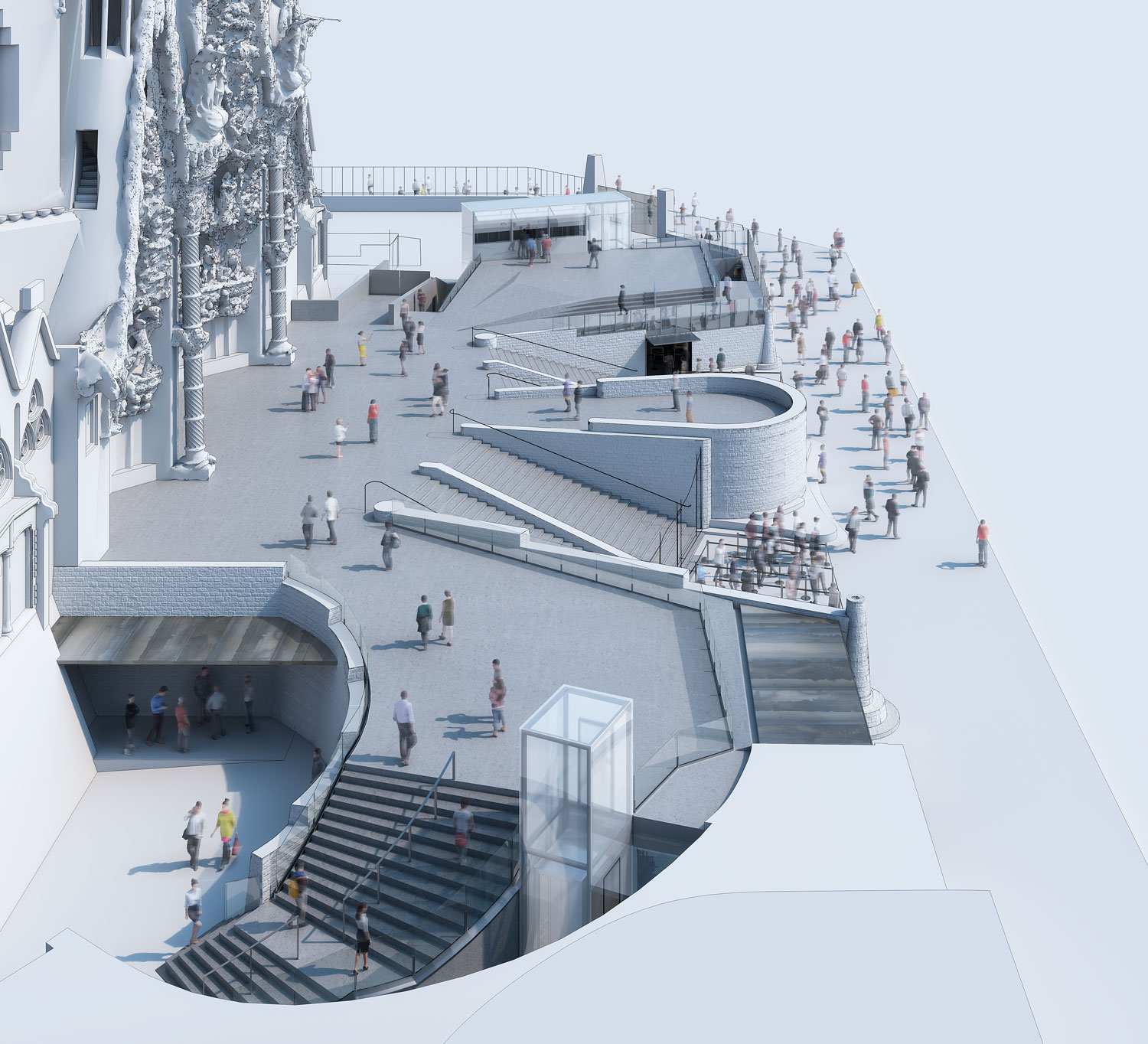 Render de la nueva plaza de acceso a la Sagrada Familia con escaleras y ascensor acristalado
