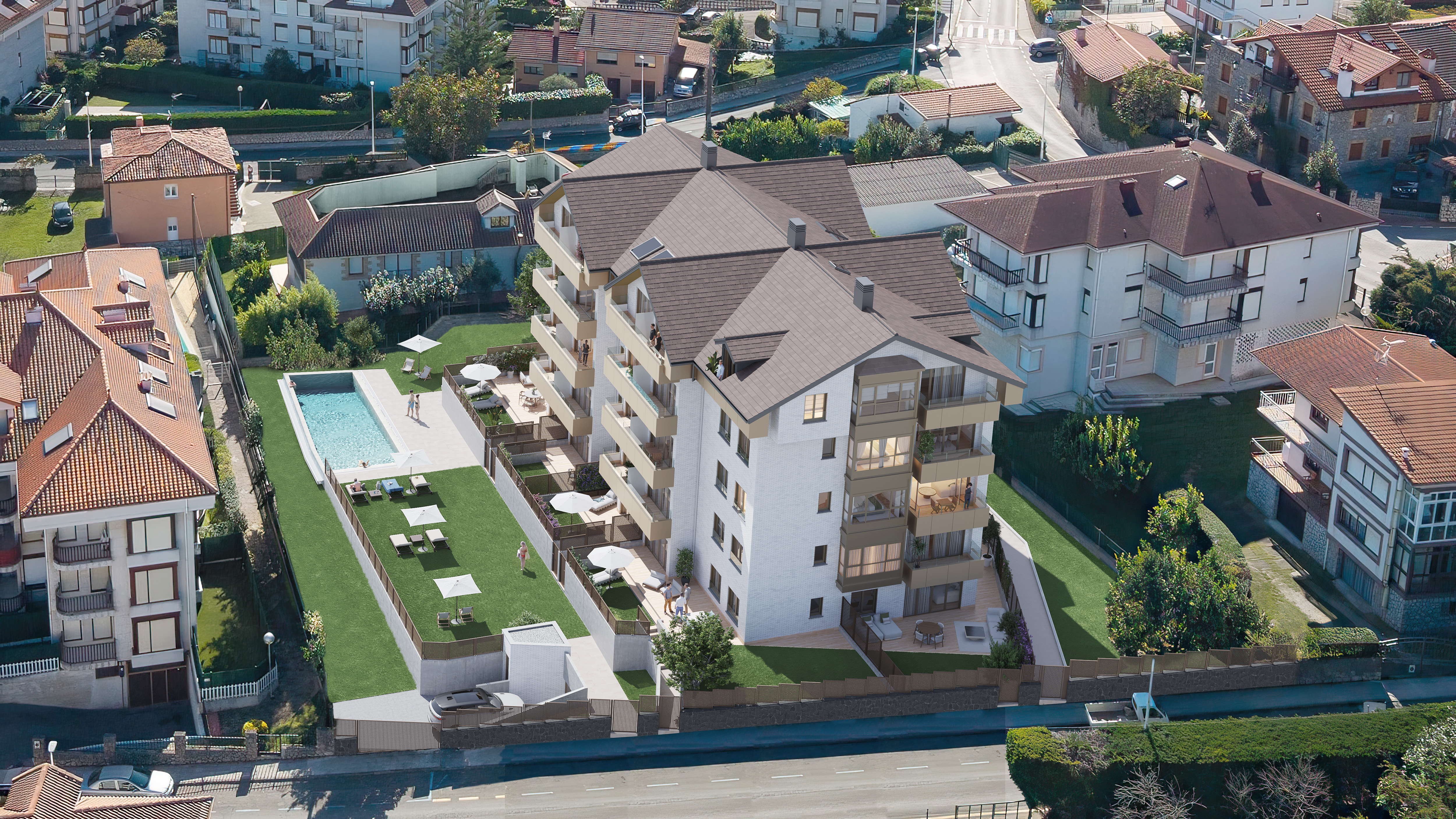 Infografía aérea del residencial Trengandín en Noja con cubierta a dos aguas, jardín y piscina comunitaria