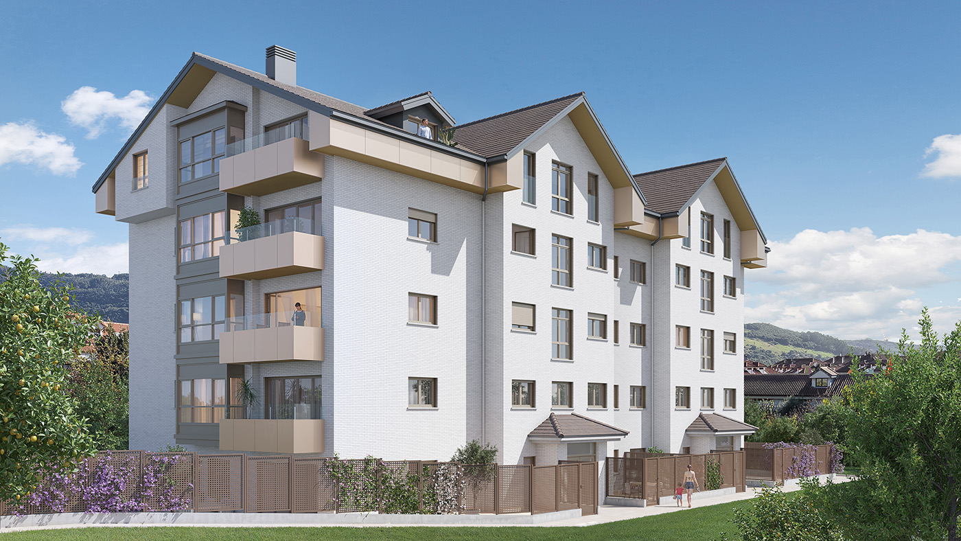Infografía del residencial Trengandín en esquina con miradores acristalados y cubierta a dos aguas
