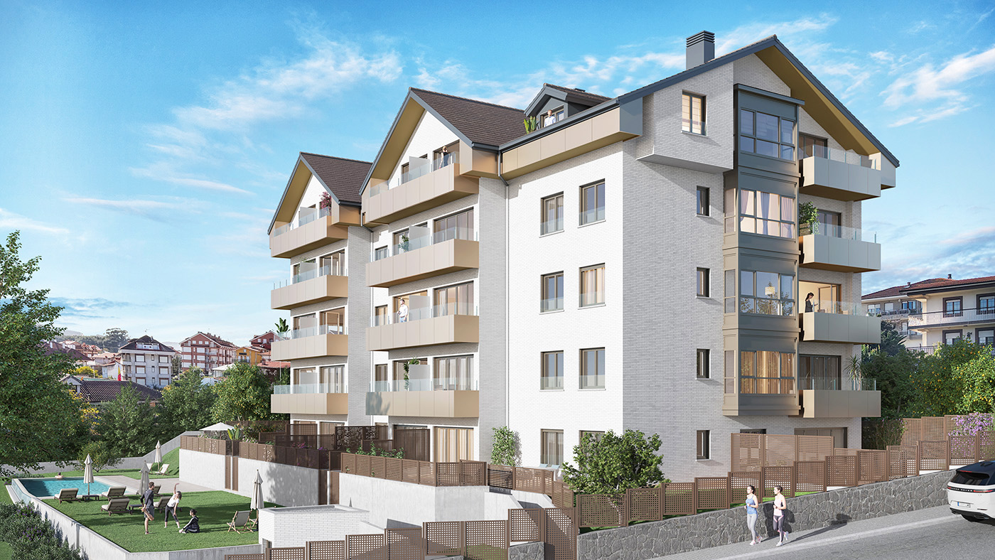 Render lateral del residencial Trengandín con miradores acristalados, jardín y piscina comunitaria
