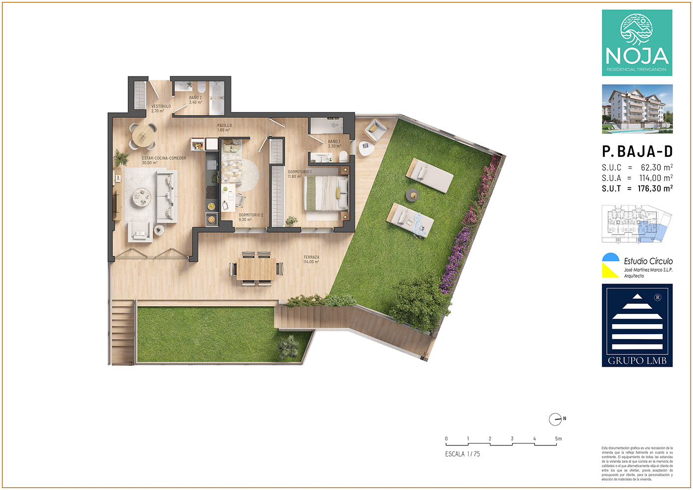 Planta 3D amueblada de la vivienda planta baja D de Trengandín con dos dormitorios, salón-cocina, terraza y jardín