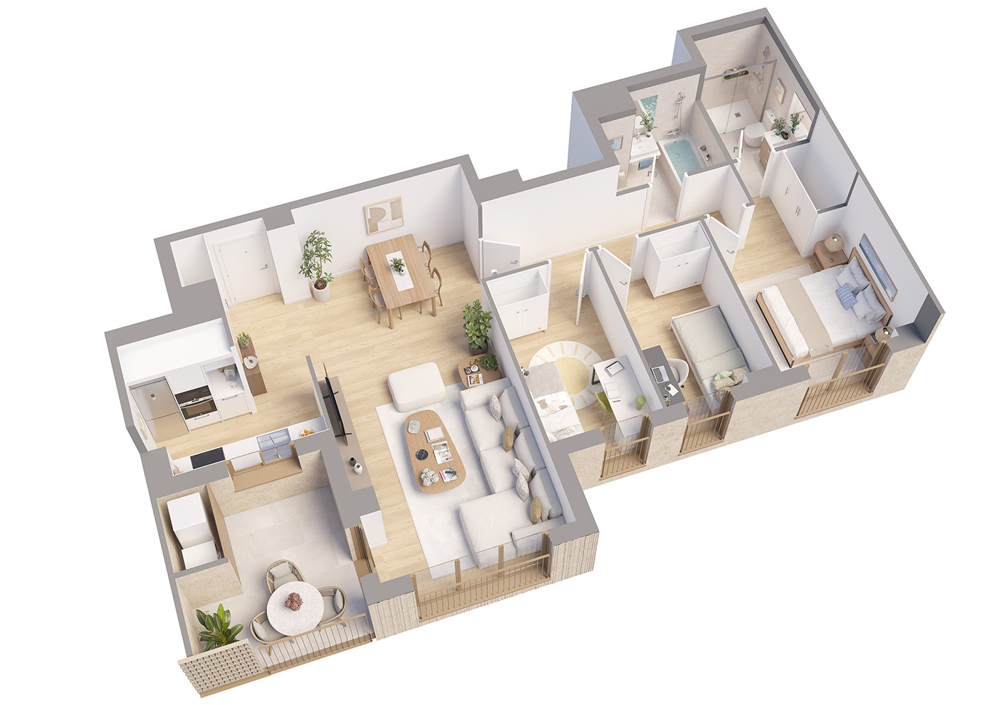 Planta 3D amueblada de una vivienda de La Femu 2 con salón-cocina, dos dormitorios, baños y terraza