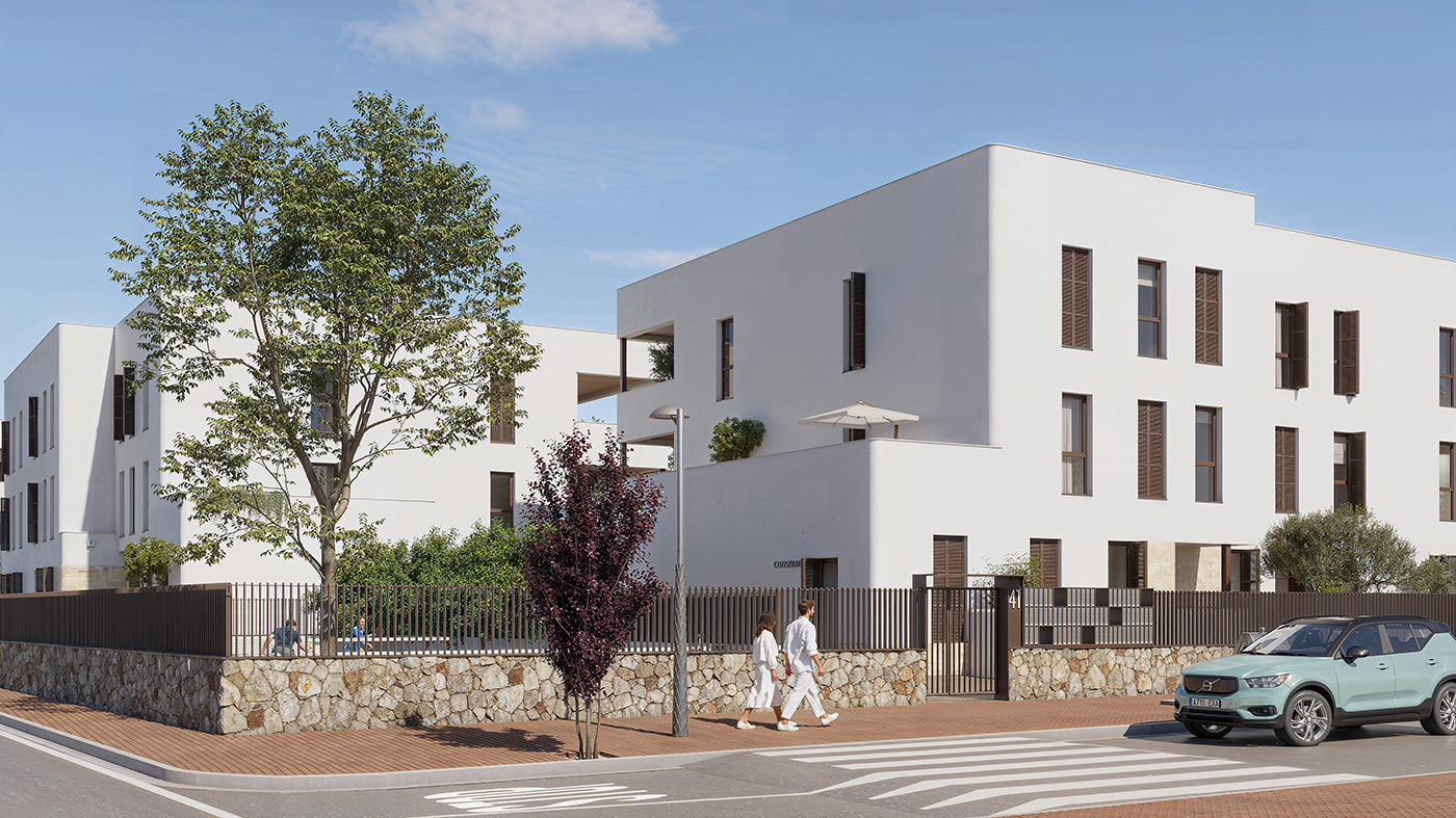 Render en esquina del residencial Can Sansó en Ibiza con fachada blanca, muro de piedra y cruce de calle