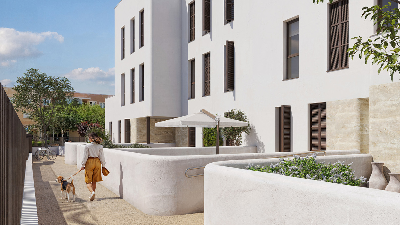 Render del patio interior de Can Sansó con fachada blanca encalada, jardineras de obra y sombrilla