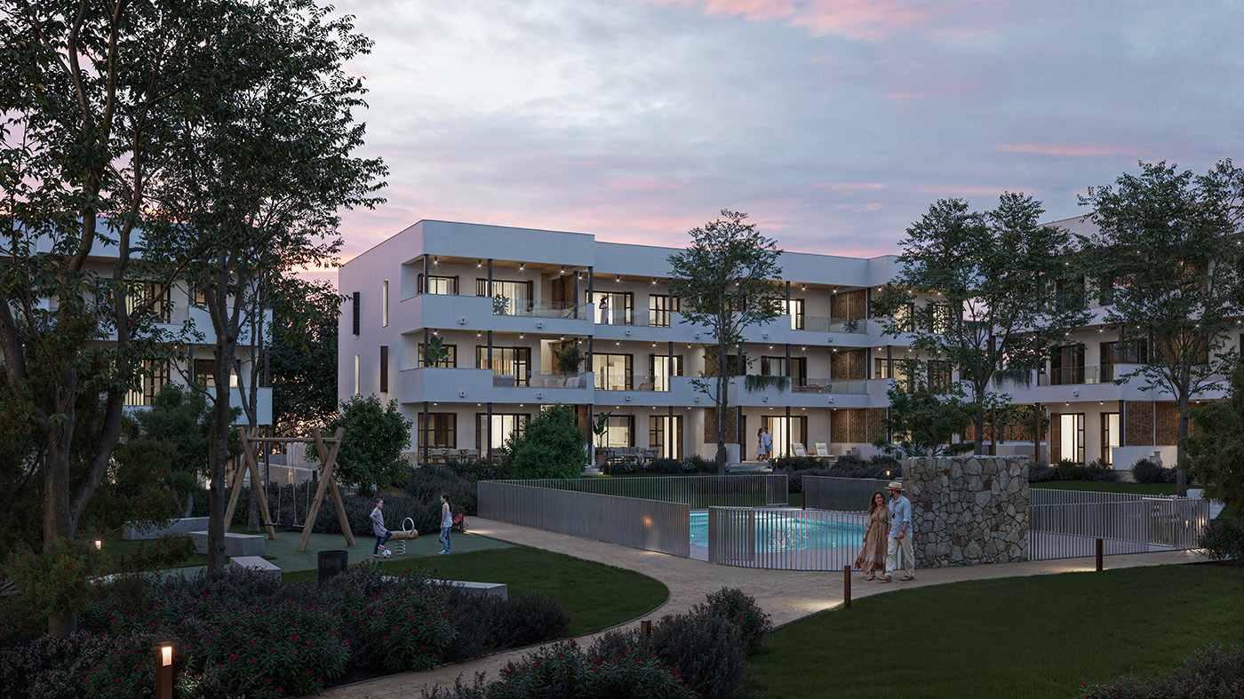 Render al atardecer del residencial Can Sansó con piscina, jardín iluminado y zona de juegos infantiles