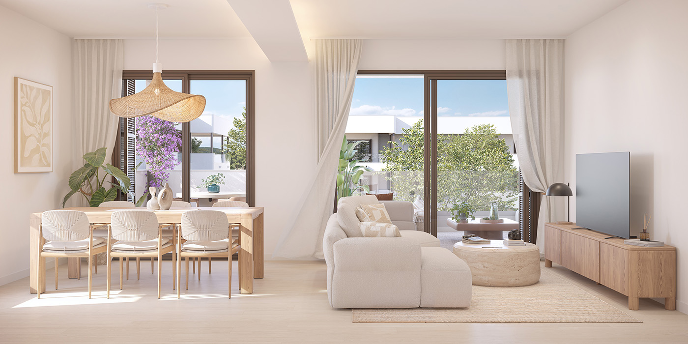 Render del salón comedor de Can Sansó con cocina abierta, sofá beige y balconeras a la terraza con buganvilla