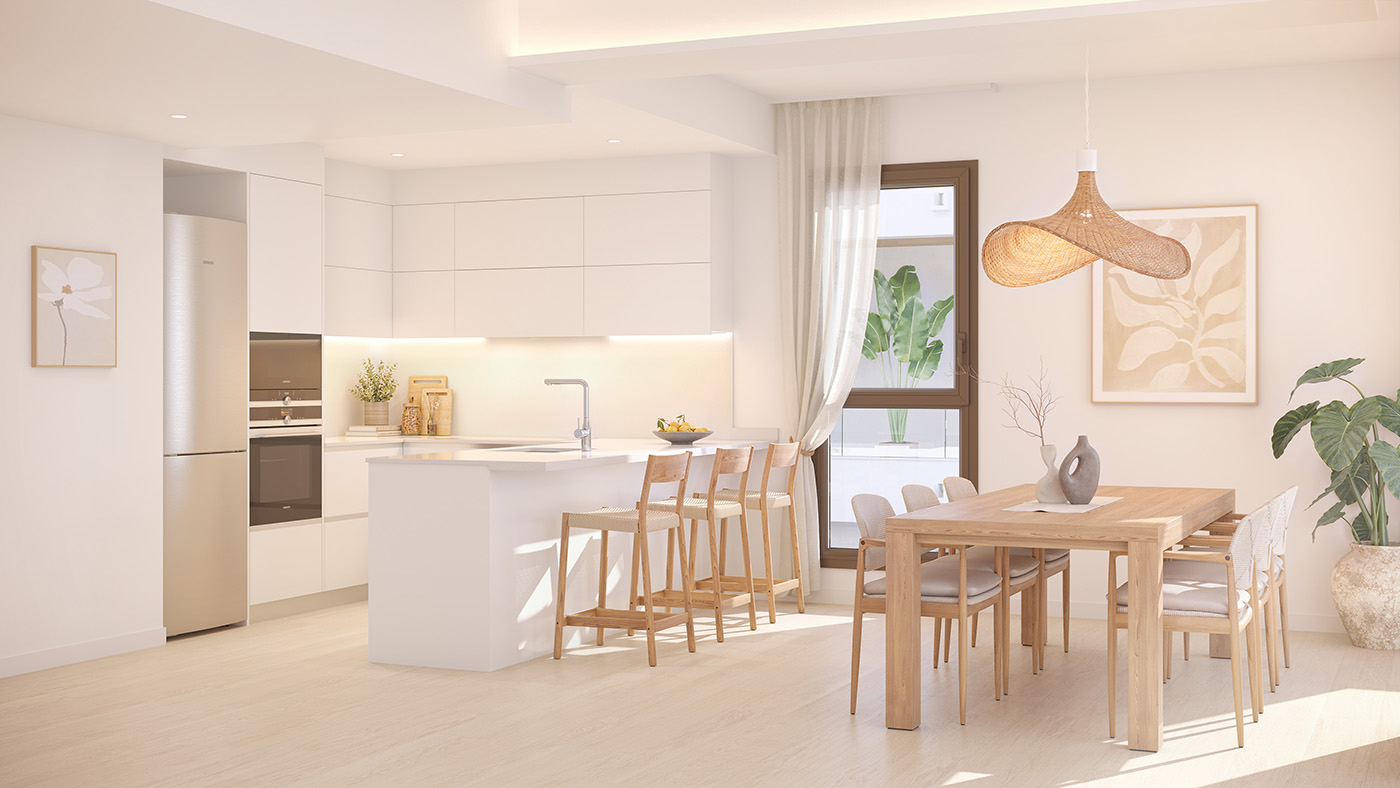 Infografía de la cocina blanca de Can Sansó con isla, taburetes de madera y comedor junto al ventanal