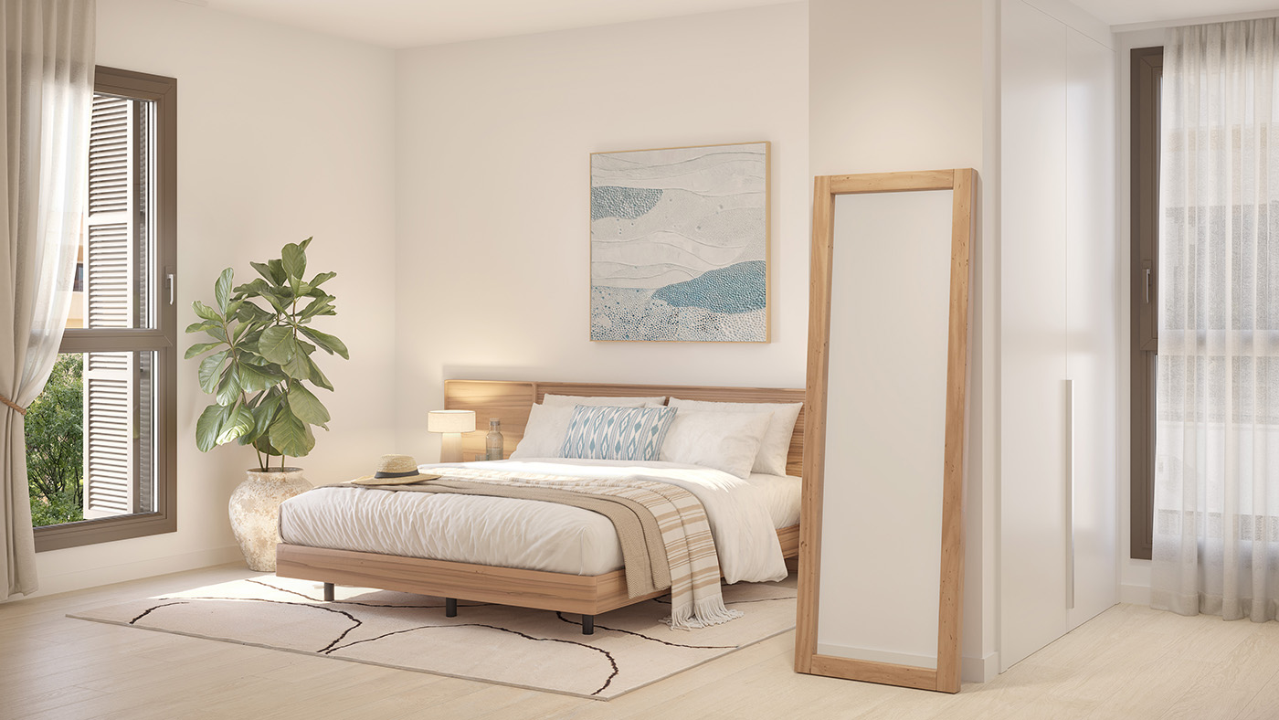 Render del dormitorio principal de Can Sansó con cabecero de madera, espejo de pie y armario empotrado