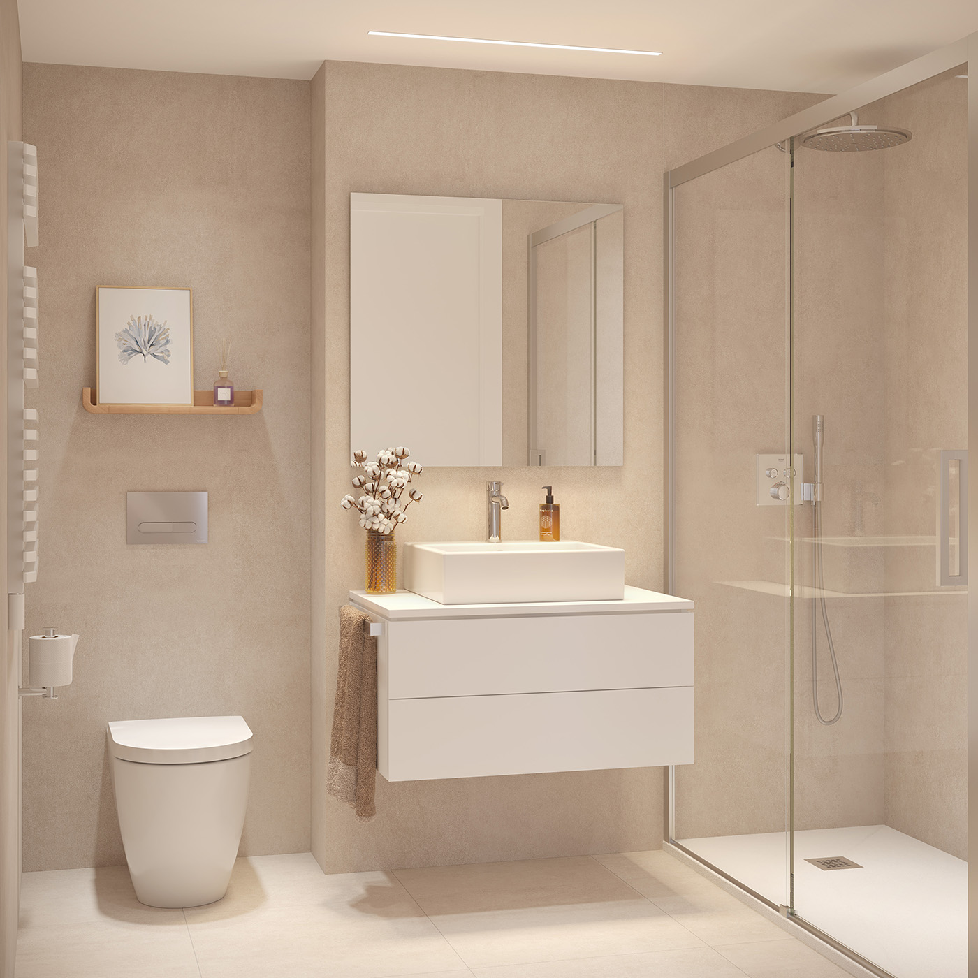 Infografía del baño de Can Sansó en tonos beige con ducha de obra acristalada, inodoro y mueble blanco