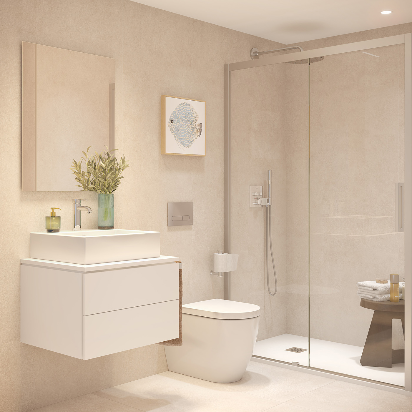 Render del baño de Can Sansó con ducha acristalada, lavabo sobre encimera y taburete de madera