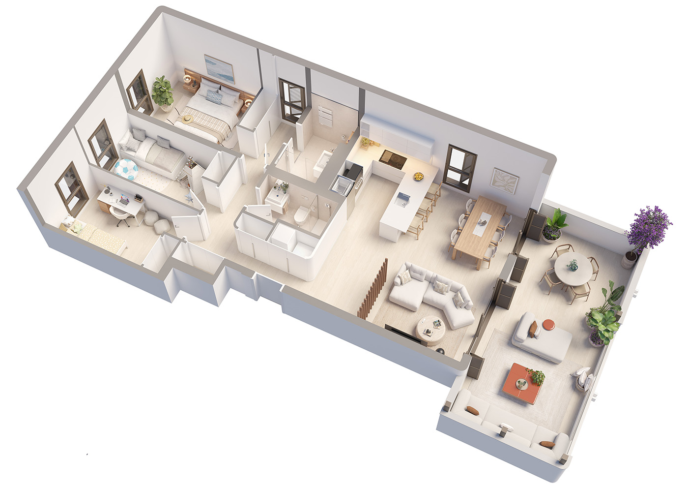 Planta 3D amueblada de una vivienda de Can Sansó con tres dormitorios, salón-cocina, dos baños y terraza