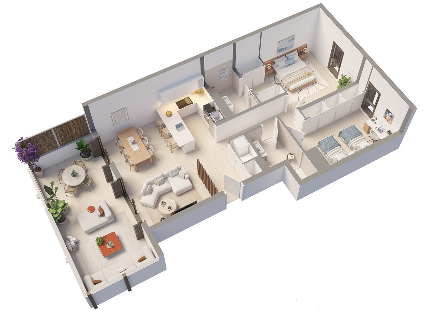 Planta 3D en perspectiva de una vivienda de Can Sansó con dos dormitorios, salón-cocina, baños y terraza