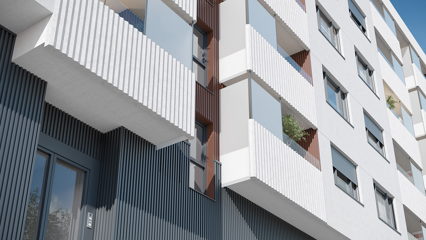 Render en detalle de los balcones de Vía Lezama con barandillas de hormigón texturizado y celosías de aluminio