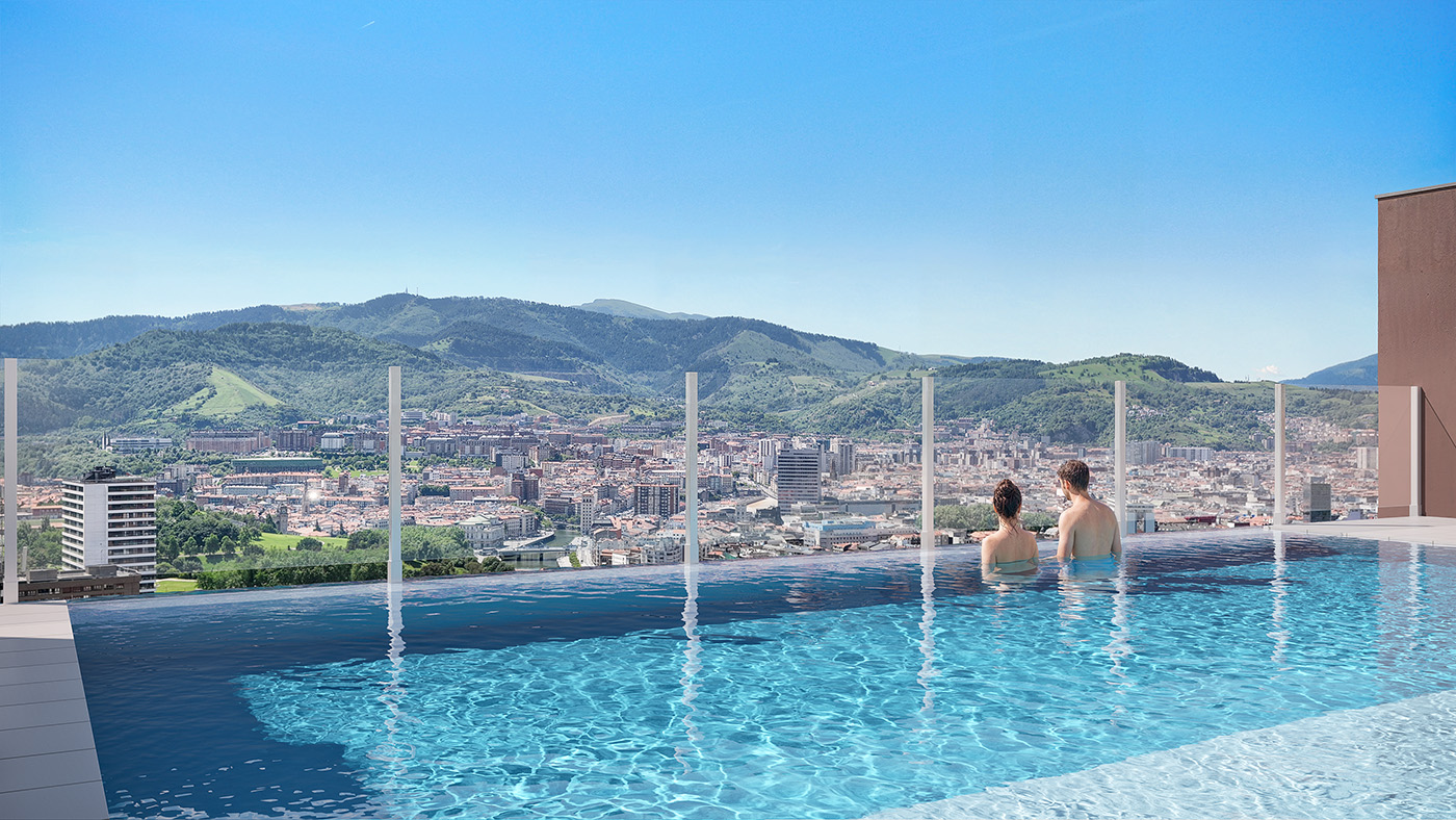 Render de la piscina infinita del ático de Vía Lezama con pareja bañándose y vistas panorámicas de Bilbao