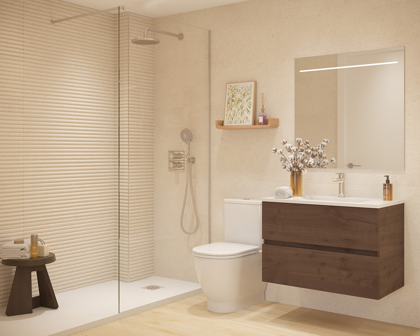 Infografía del baño en tonos travertino con ducha de obra acristalada, inodoro y mueble de madera de nogal