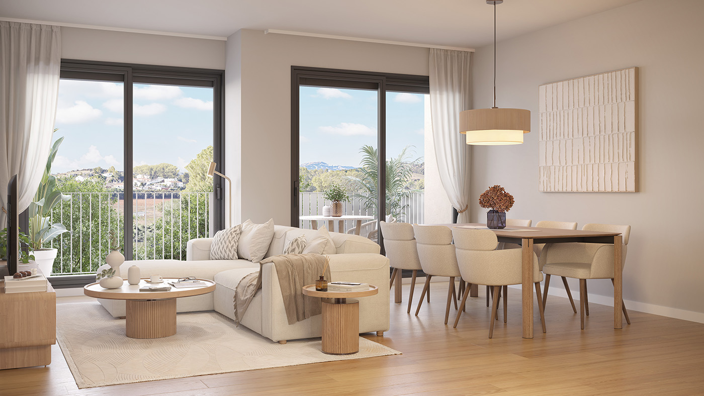 Render del salón comedor con sofá blanco, mesa de madera y balconeras con vistas al valle de Montcada