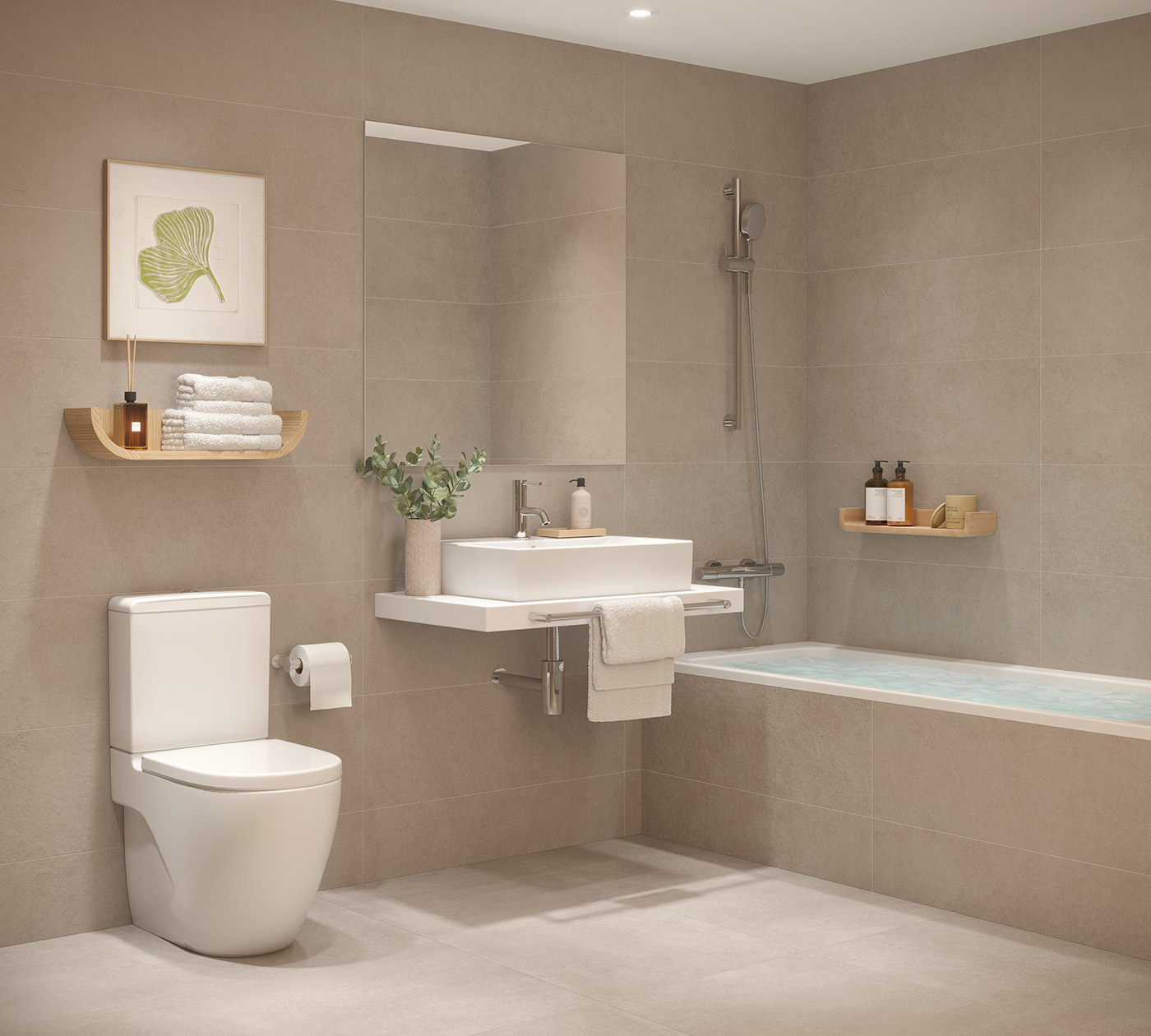 Infografía del baño en tonos beige con bañera, ducha, lavabo sobre encimera e inodoro