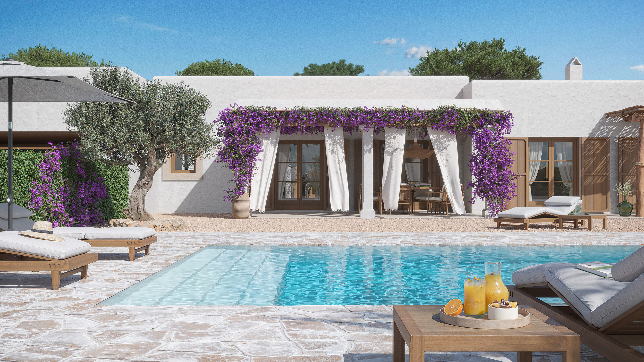 Render de la piscina de Casa Francisca en Formentera con fachada encalada, pérgola con buganvilla morada y olivo