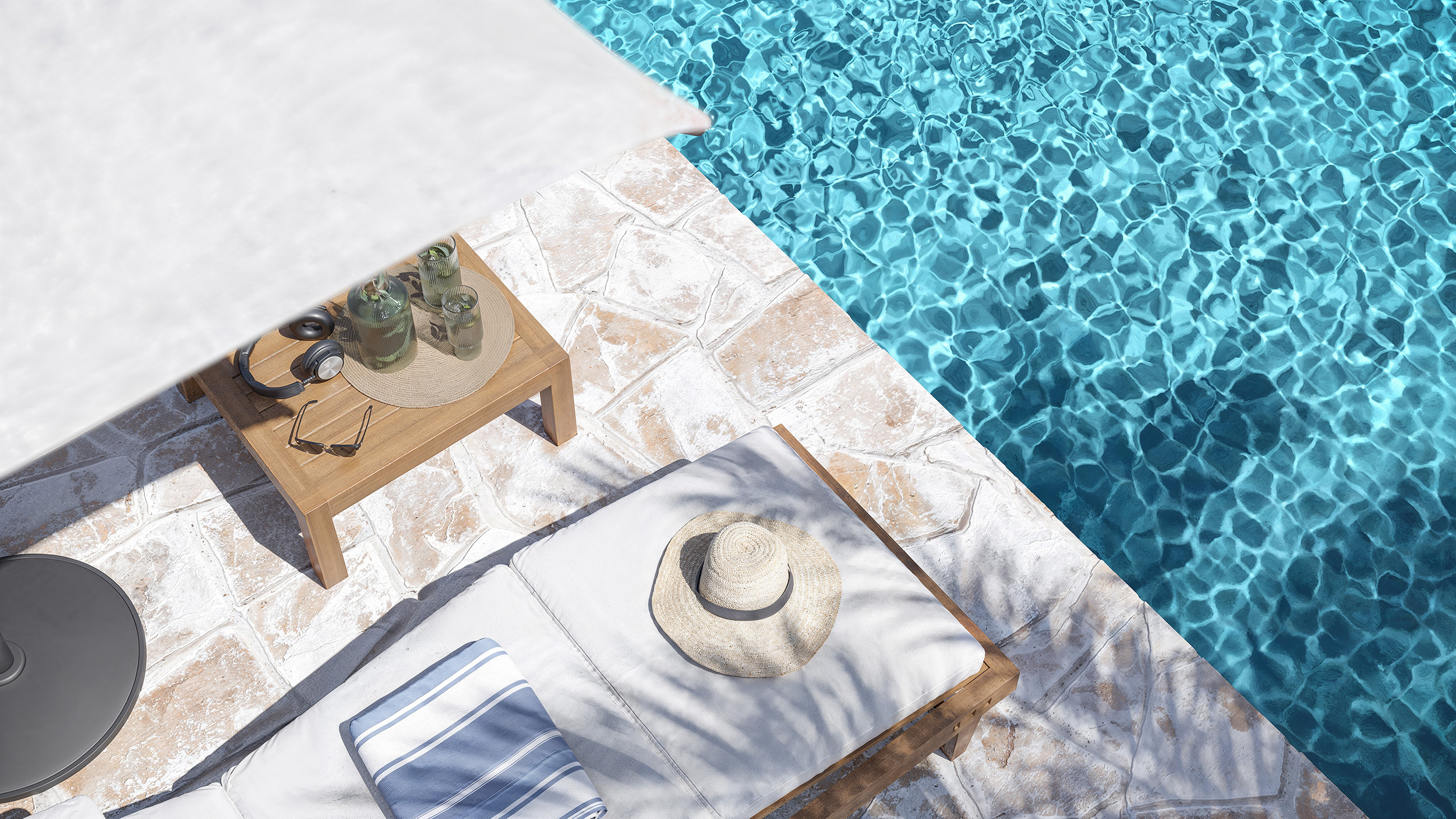 Infografía cenital de la piscina de Casa Francisca con tumbona, sombrero de paja y mesa con bebidas